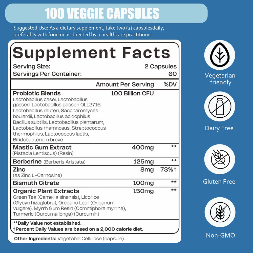 LIISKYY H. pylori Probiotic capsules close-up highlighting 100B CFU potency