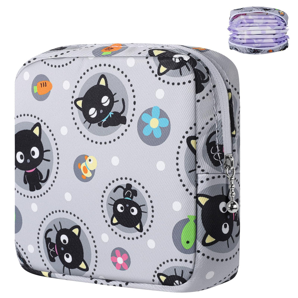 Likesing period bag gray cat front view, portable sanitary napkin storage for daily use.