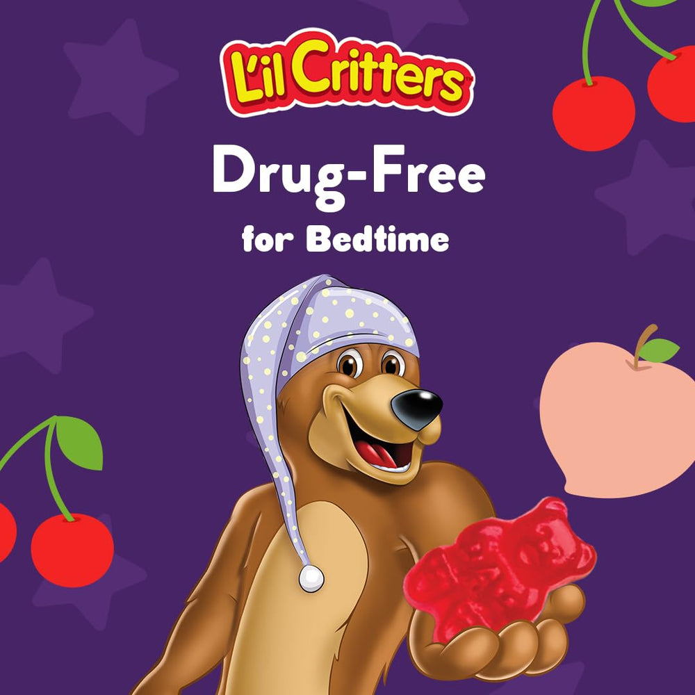 Lil Critters bottle beside cozy bedtime setup, suggesting a calming routine.