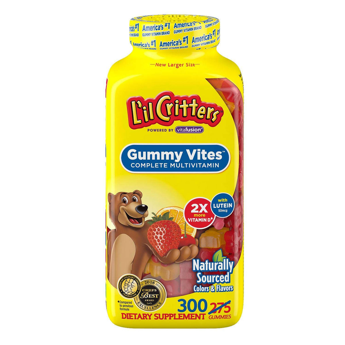 L'il Critters Gummy Vites bottle shown, convenient daily multivitamin for kids.