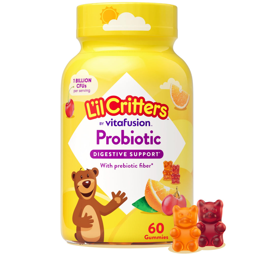 Lil Critters probiotic daily gummy bottle promotes digestive health for kids.