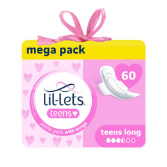 Lil-Lets Teens long pads with wings pack front for first period readiness.