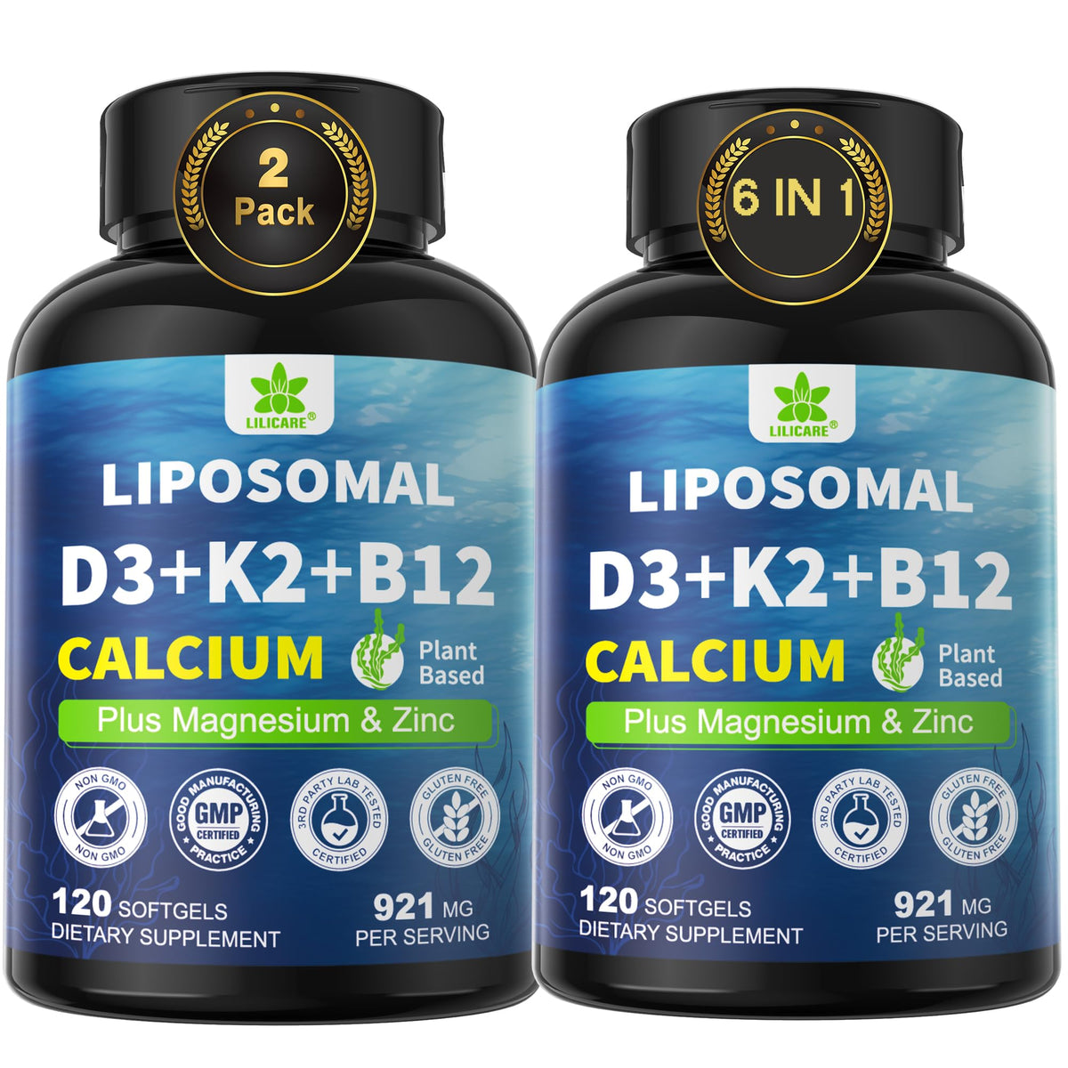 LILICARE 6-in-1 liposomal D3 K2 calcium softgels in bottle for everyday bone support