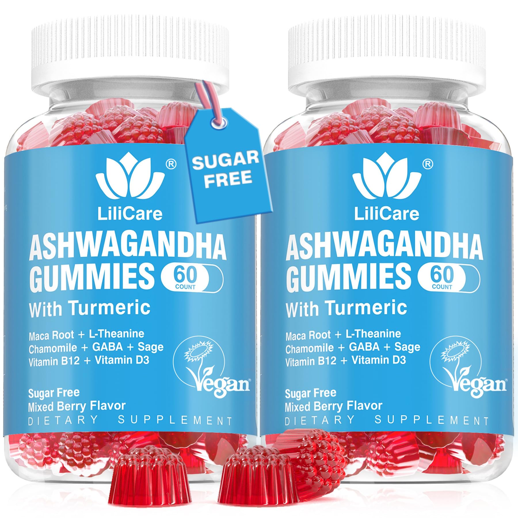 LILICARE Ashwagandha Gummies bottle front showing vegan sugar-free wellness option