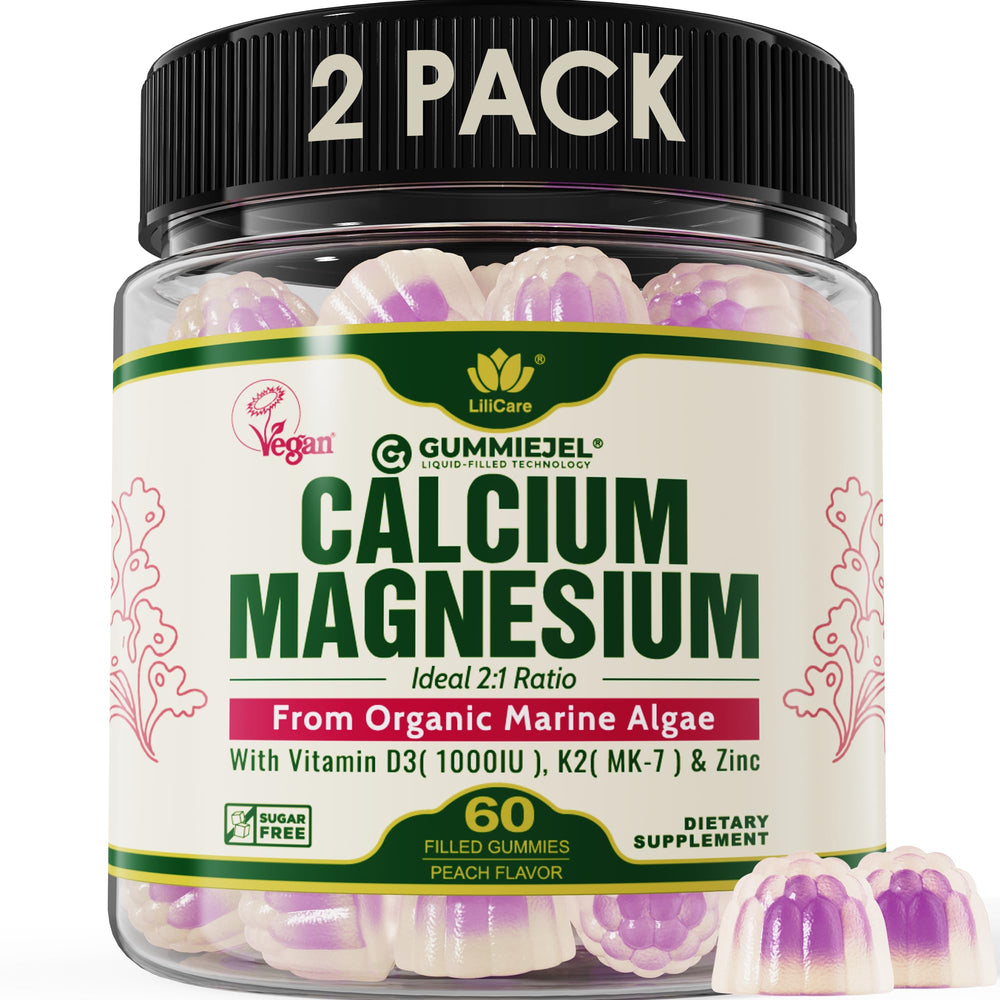 LILICARE calcium gummies bottle front, vegan formula with D3, K2 and magnesium for bone support.