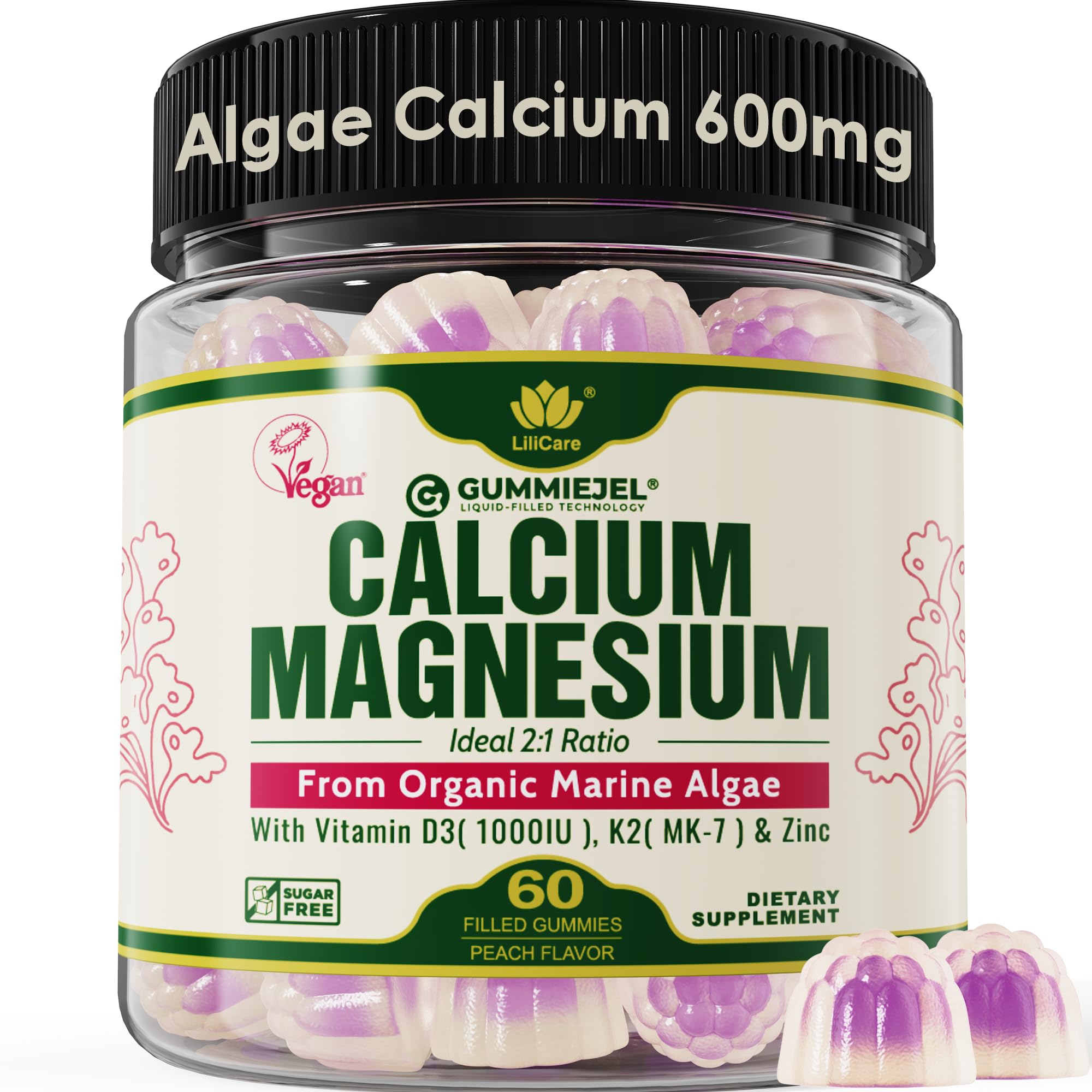 LILICARE calcium gummies bottle highlights plant-based calcium for easy daily bone support