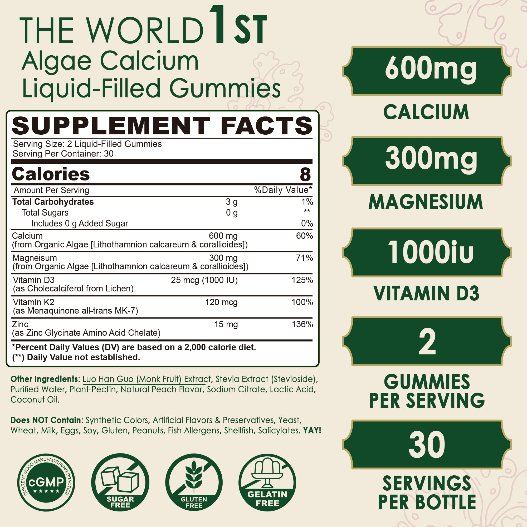 LILICARE close-up of ingredients label showing 600 mg calcium and 300 mg magnesium in a 2:1 ratio.