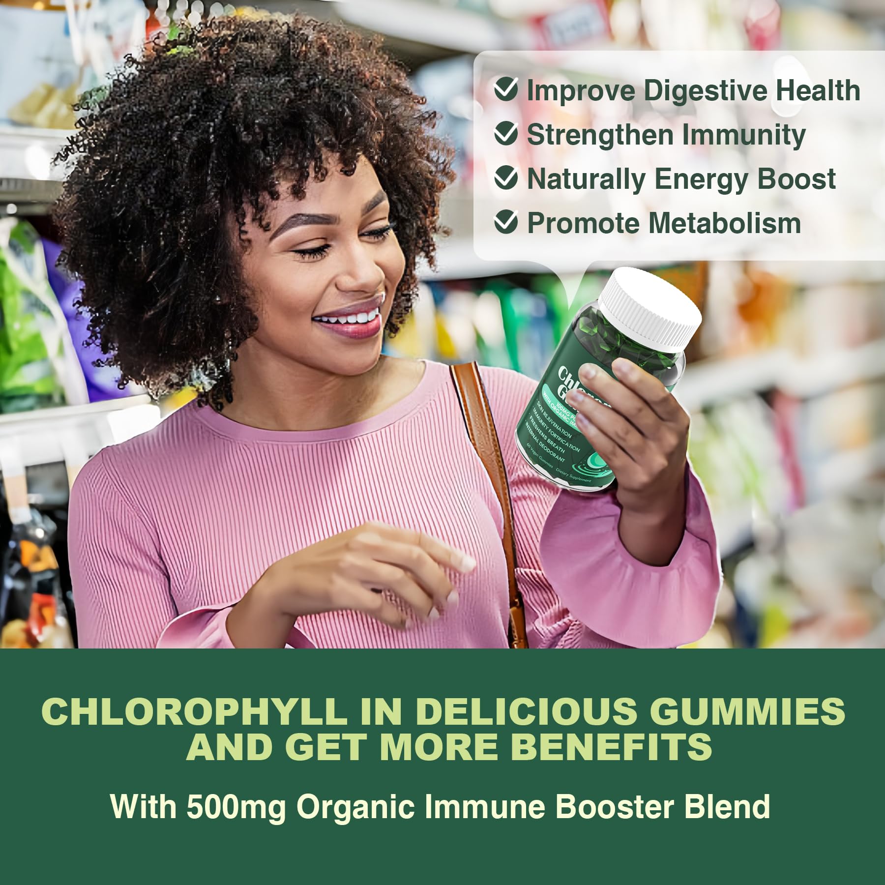 LILICARE Chlorophyll Gummies lifestyle scene shows a sugar-free snack for busy days.