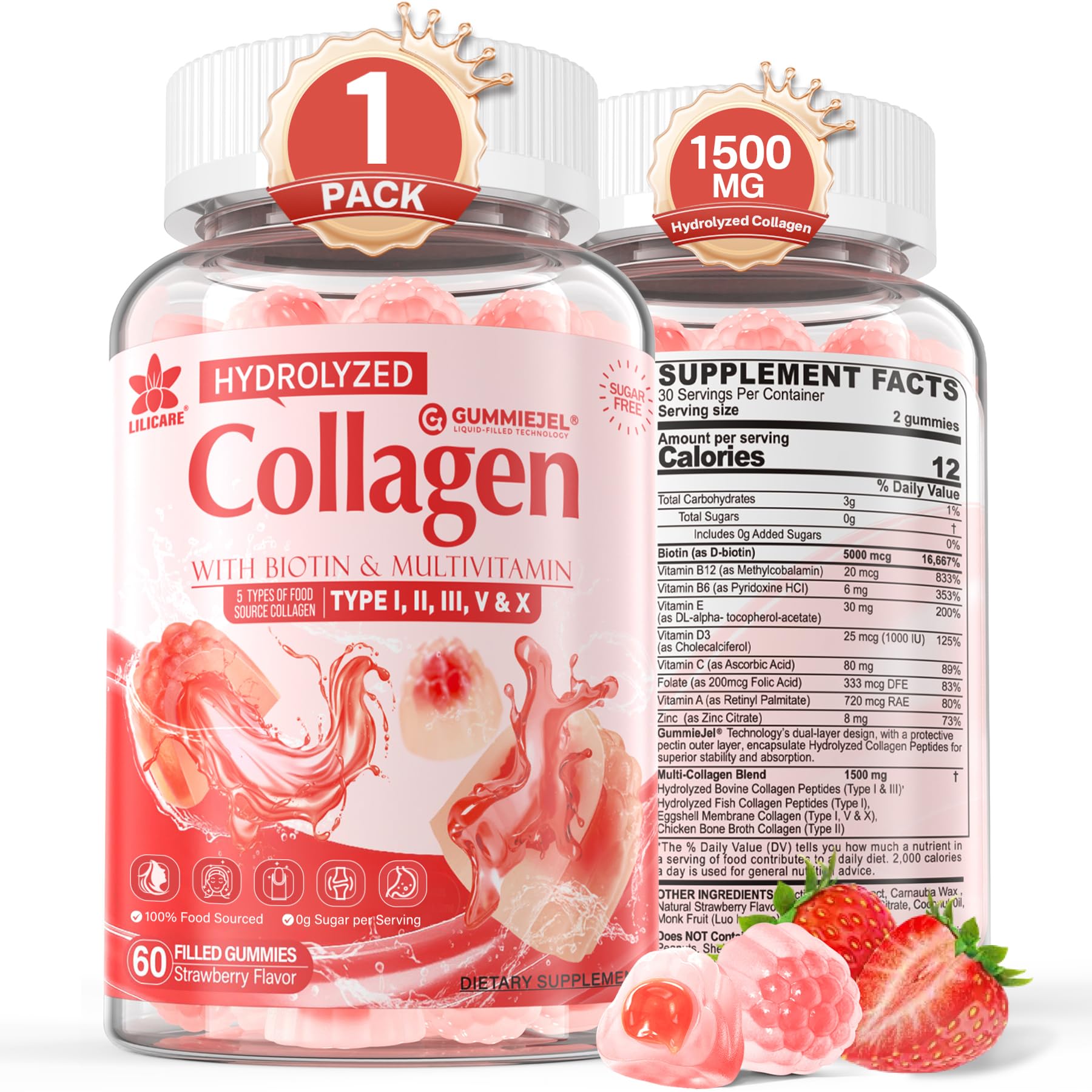 LILICARE Collagen Gummies bottle front showing sugar-free formula and 60-count packaging for daily beauty support.