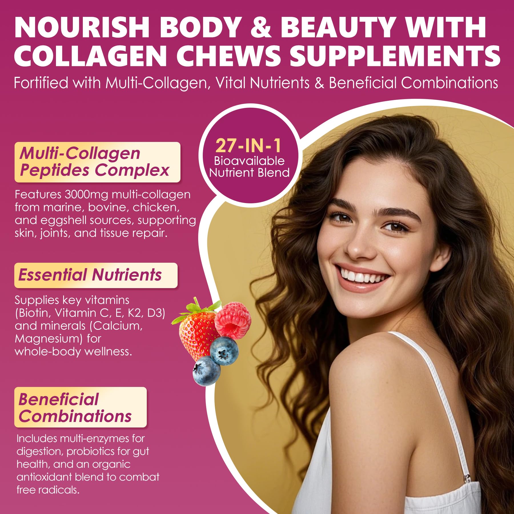 LILICARE Collagen Soft Chews ingredients panel shows 3000mg multi-collagen complex per chew.