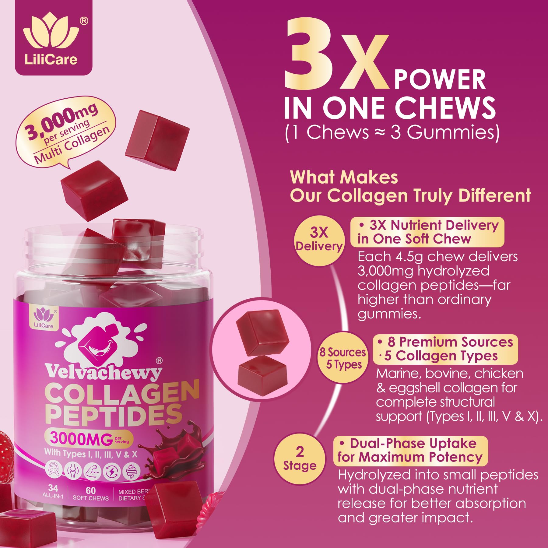 LILICARE Collagen Soft Chews nutrition label confirms gluten-free and non-GMO.