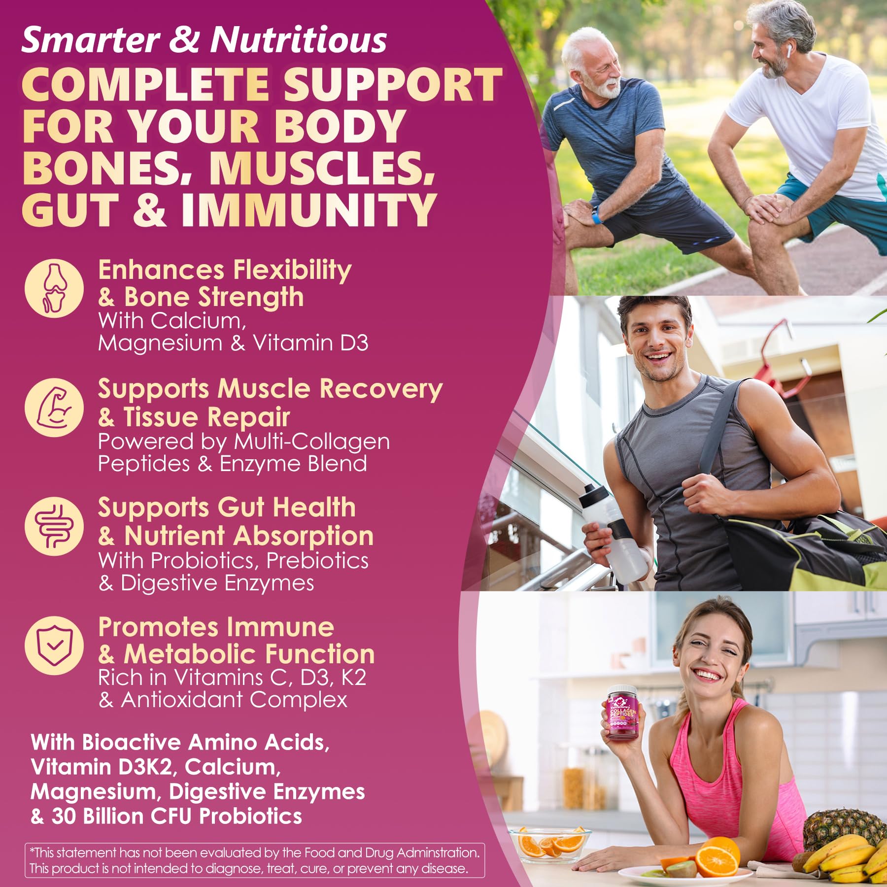 LILICARE Collagen Soft Chews packaging highlights vitamins and probiotics.