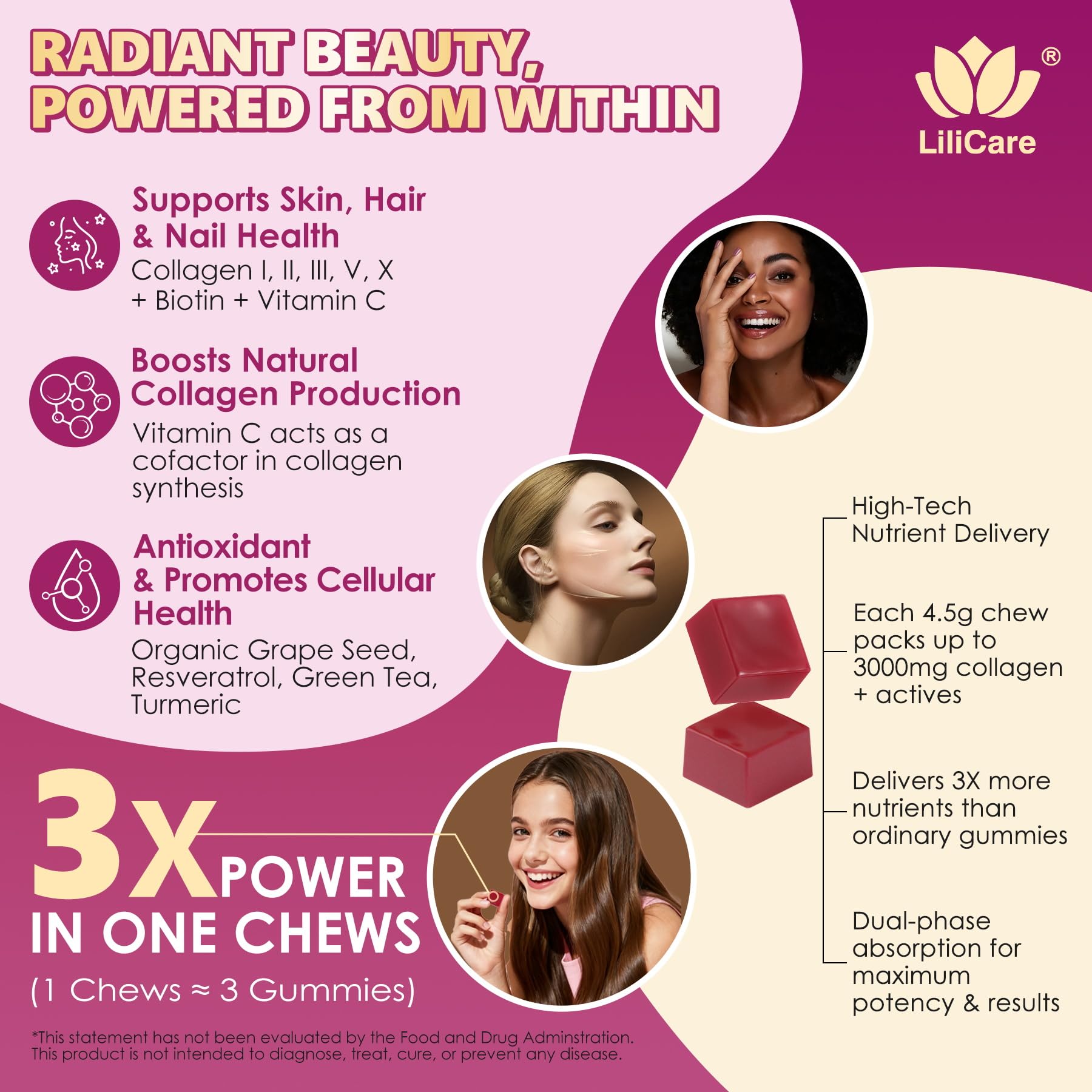 Pouring shot of LILICARE Collagen Soft Chews emphasizes easy, sugar-free daily intake.