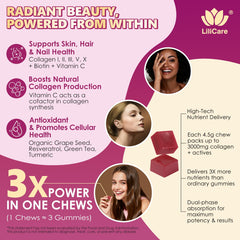Pouring shot of LILICARE Collagen Soft Chews emphasizes easy, sugar-free daily intake.
