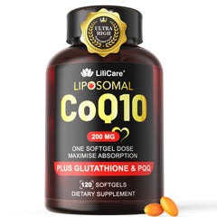 LILICARE CoQ10 softgels bottle front showing 120 servings for daily energy support