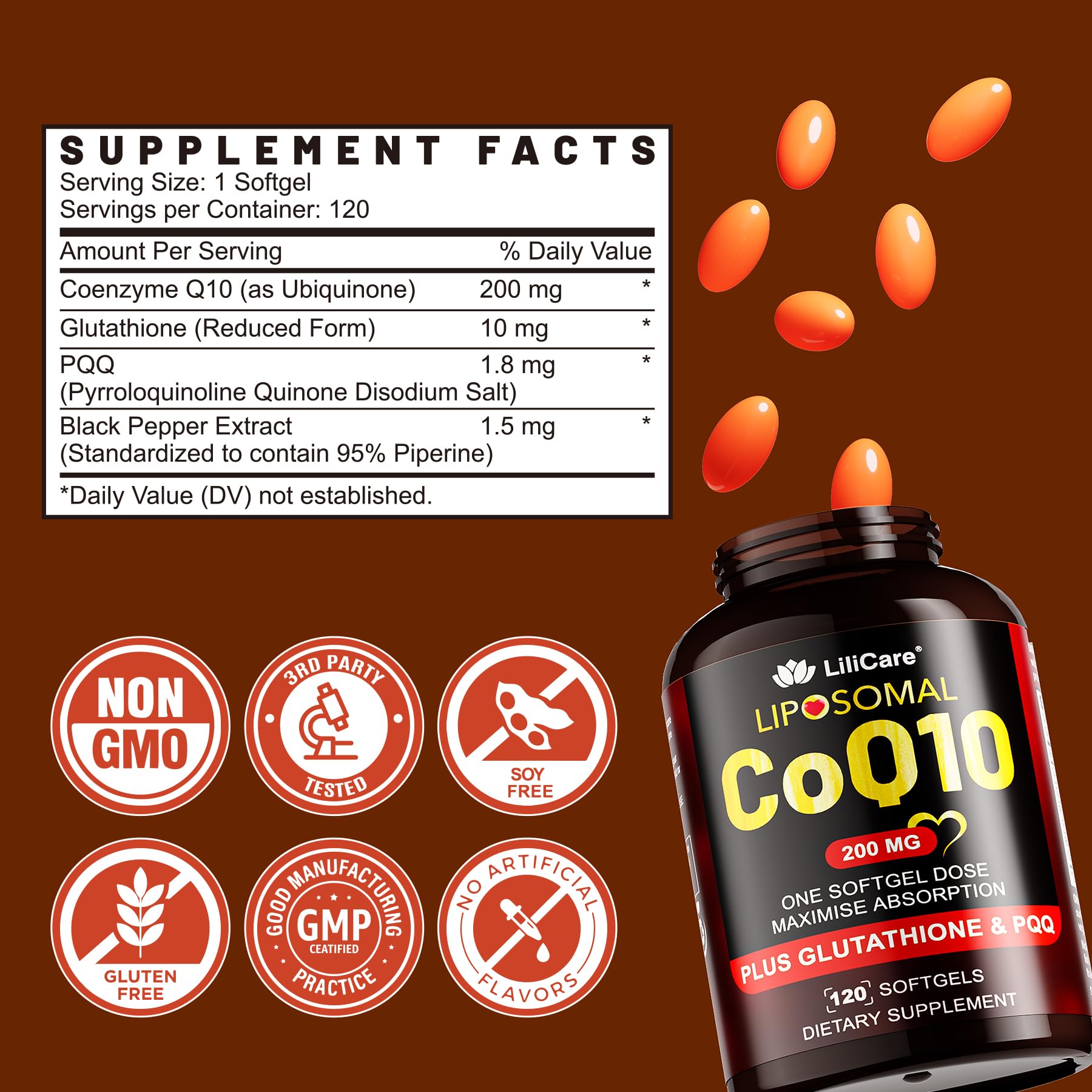 LILICARE CoQ10 softgels close-up highlighting smooth surface for easy swallowing
