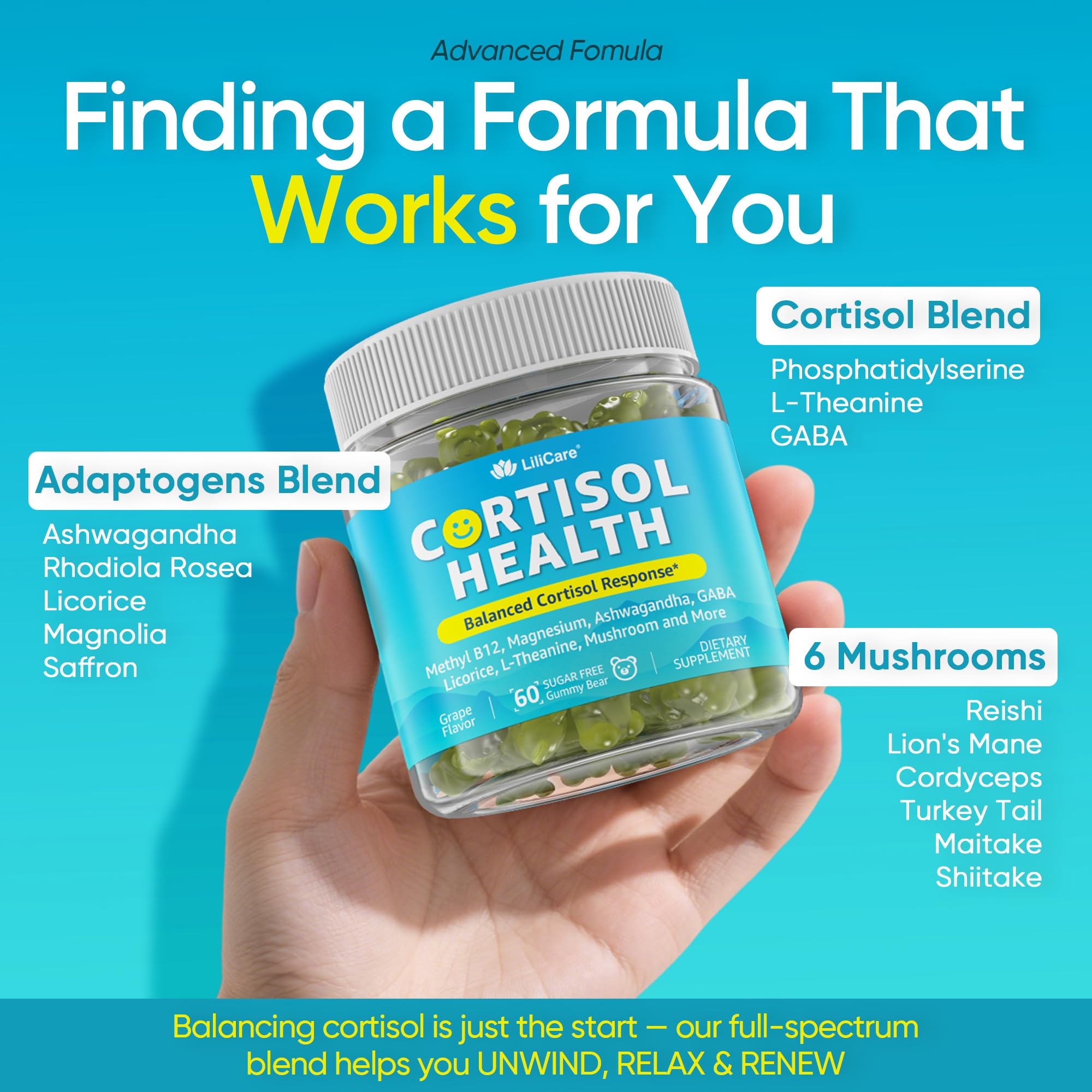 LILICARE cortisol gummies label highlights Non-GMO and vegan-friendly.