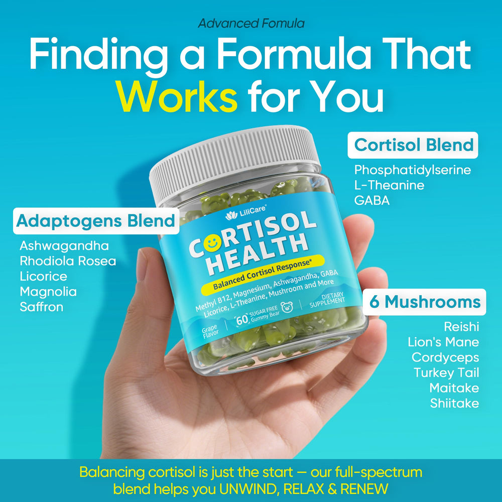 LILICARE cortisol gummies label highlights Non-GMO and vegan-friendly.