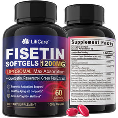 LILICARE Fisetin softgel bottle showcasing liposomal formula for potential healthy aging support.