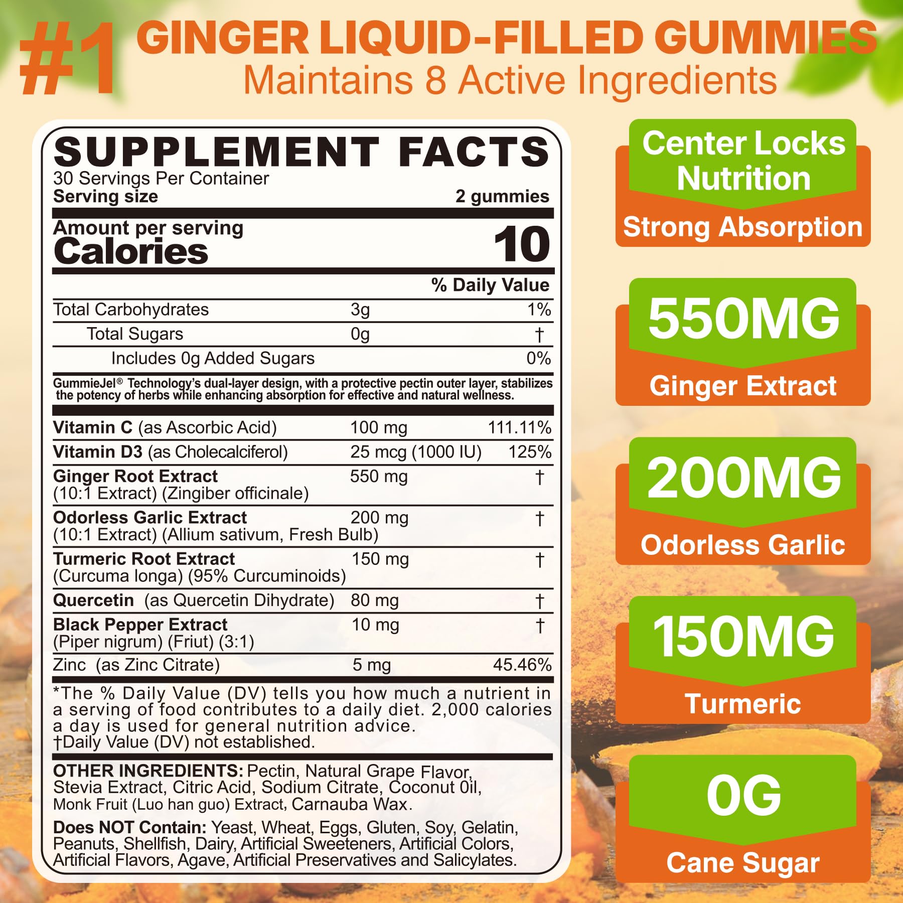 LILICARE Ginger Turmeric Gummies closeup highlights rich texture, supporting digestion.