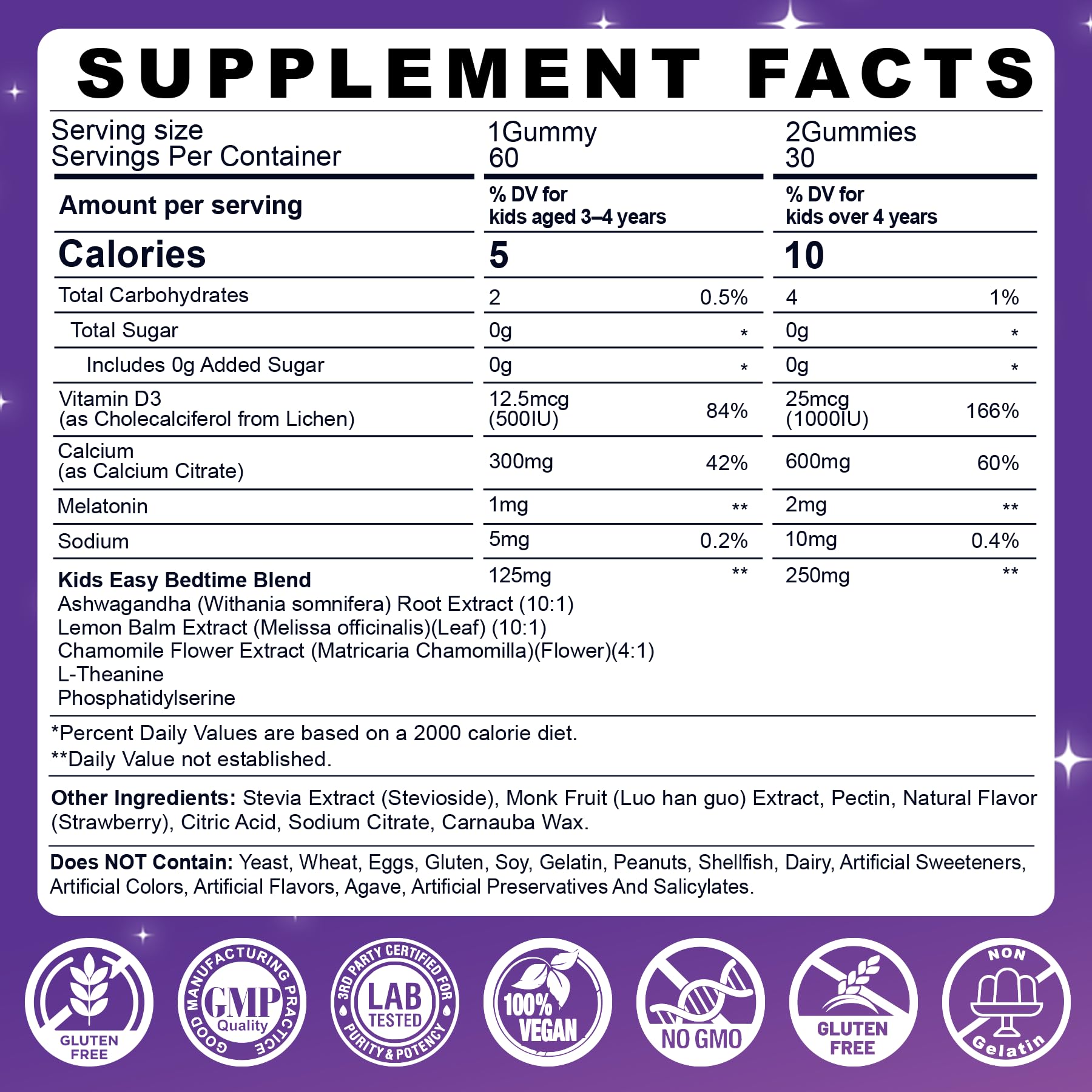 LILICARE Kids Sleep Gummies bottle back shows clear dosage guidance for parents.