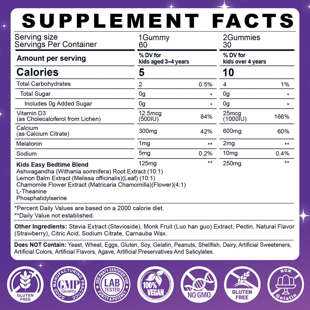 LILICARE Kids Sleep Gummies bottle back shows clear dosage guidance for parents.