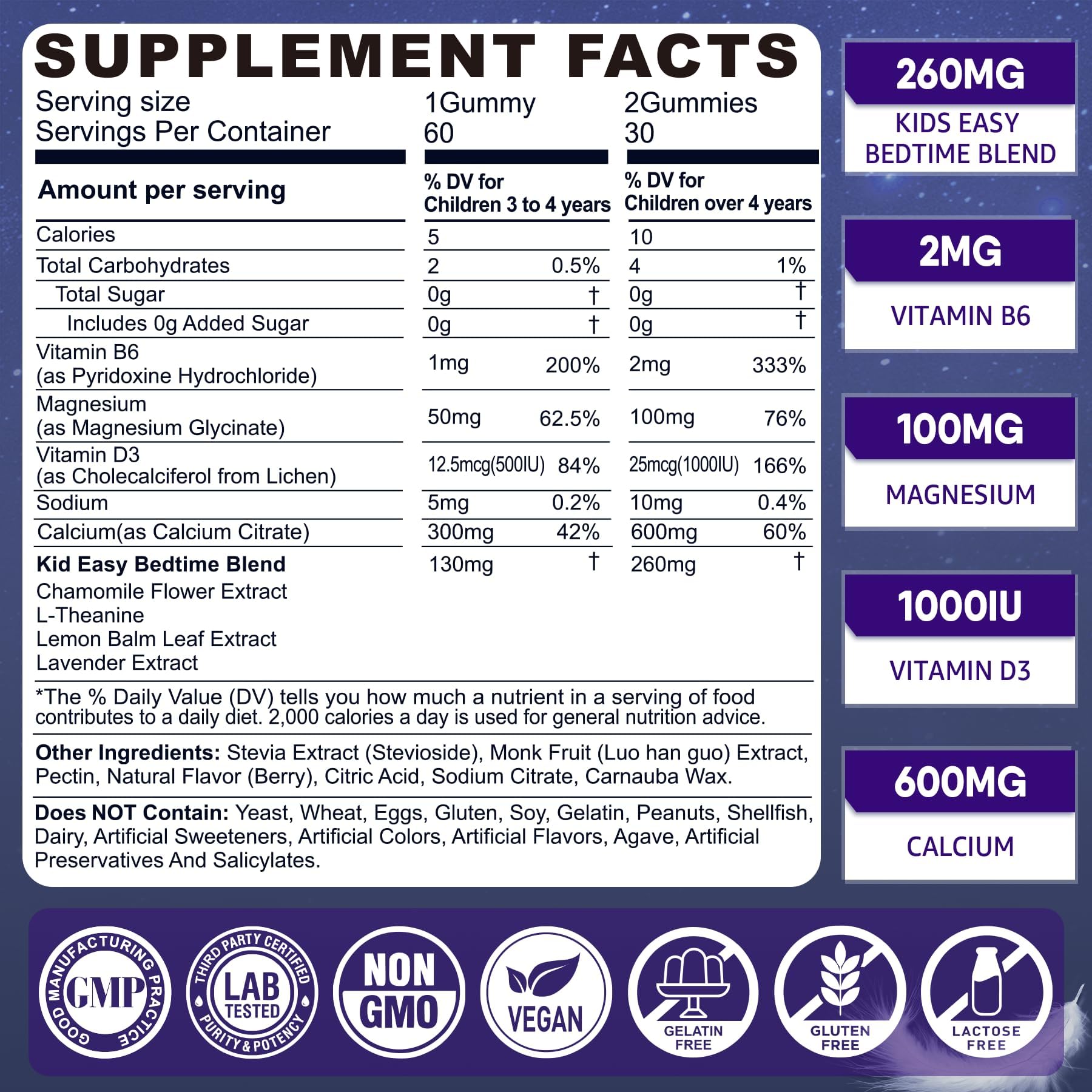 LILICARE Kids Sleep Gummies bottle label highlights magnesium glycinate and calming ingredients for restful nights.
