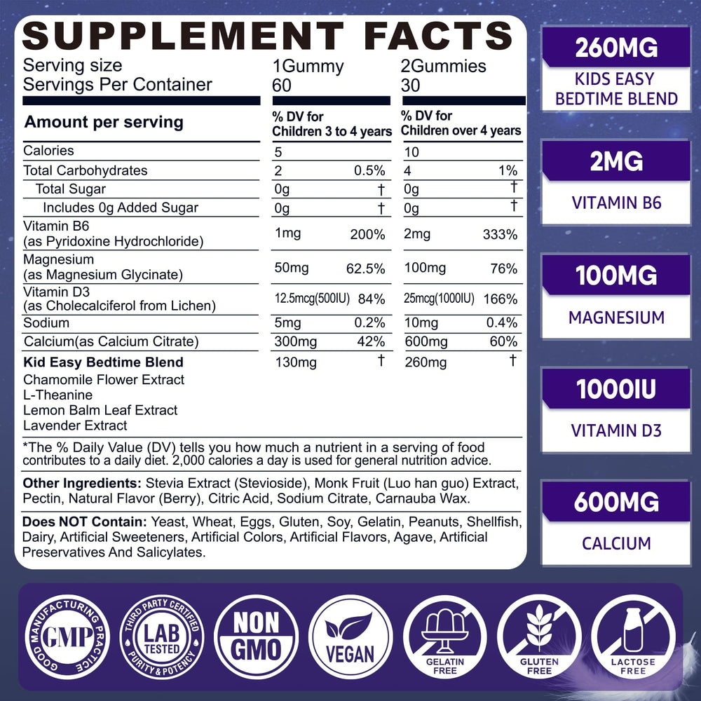LILICARE Kids Sleep Gummies bottle label highlights magnesium glycinate and calming ingredients for restful nights.