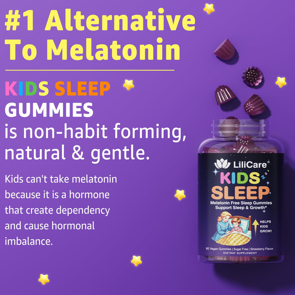 LILICARE Kids Sleep Gummies child at bedtime depicts a calm nightly routine with calming chewable gummies.