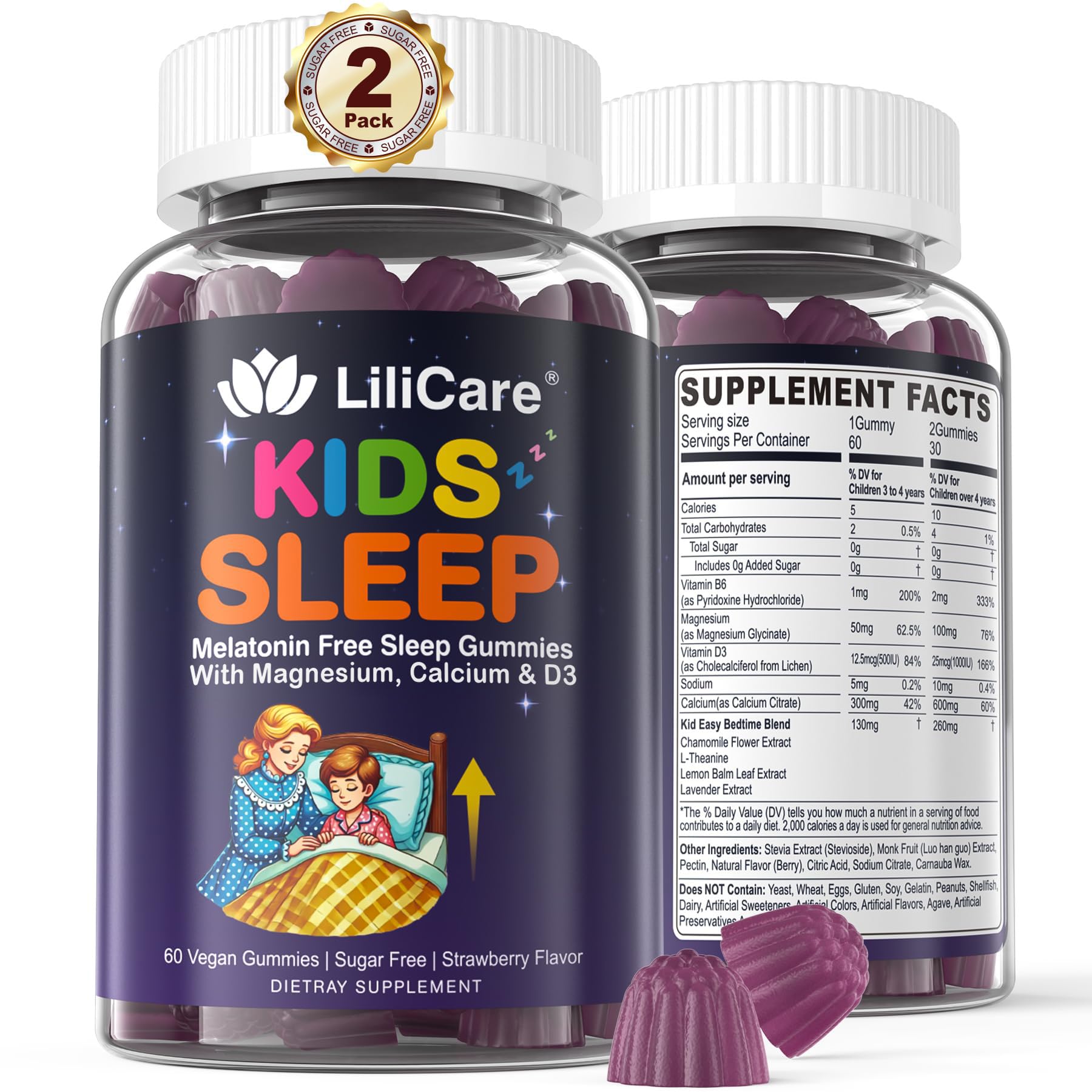 LILICARE Kids Sleep Gummies jar demonstrates a melatonin-free option for kids’ sleep.