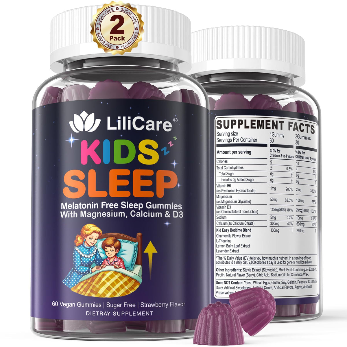 LILICARE Kids Sleep Gummies jar demonstrates a melatonin-free option for kids’ sleep.