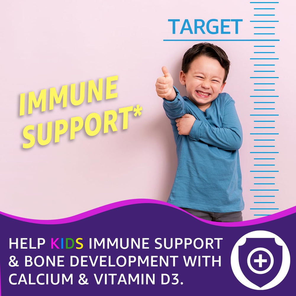 LILICARE Kids Sleep Gummies packaging display highlights ingredients like magnesium, calcium, D3, and L-theanine.