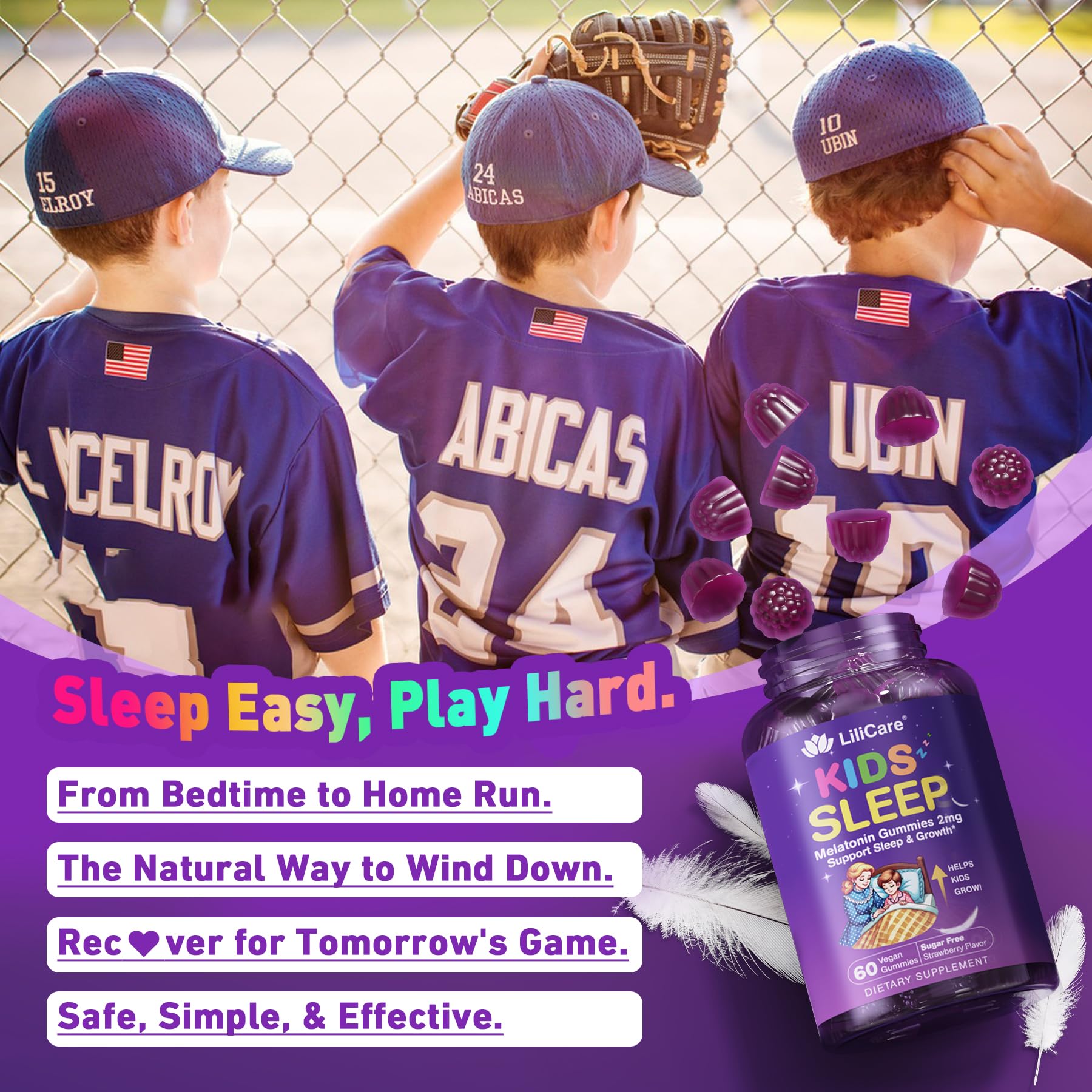 LILICARE Kids Sleep Gummies vegan-friendly badge signals non-GMO and sugar-free.