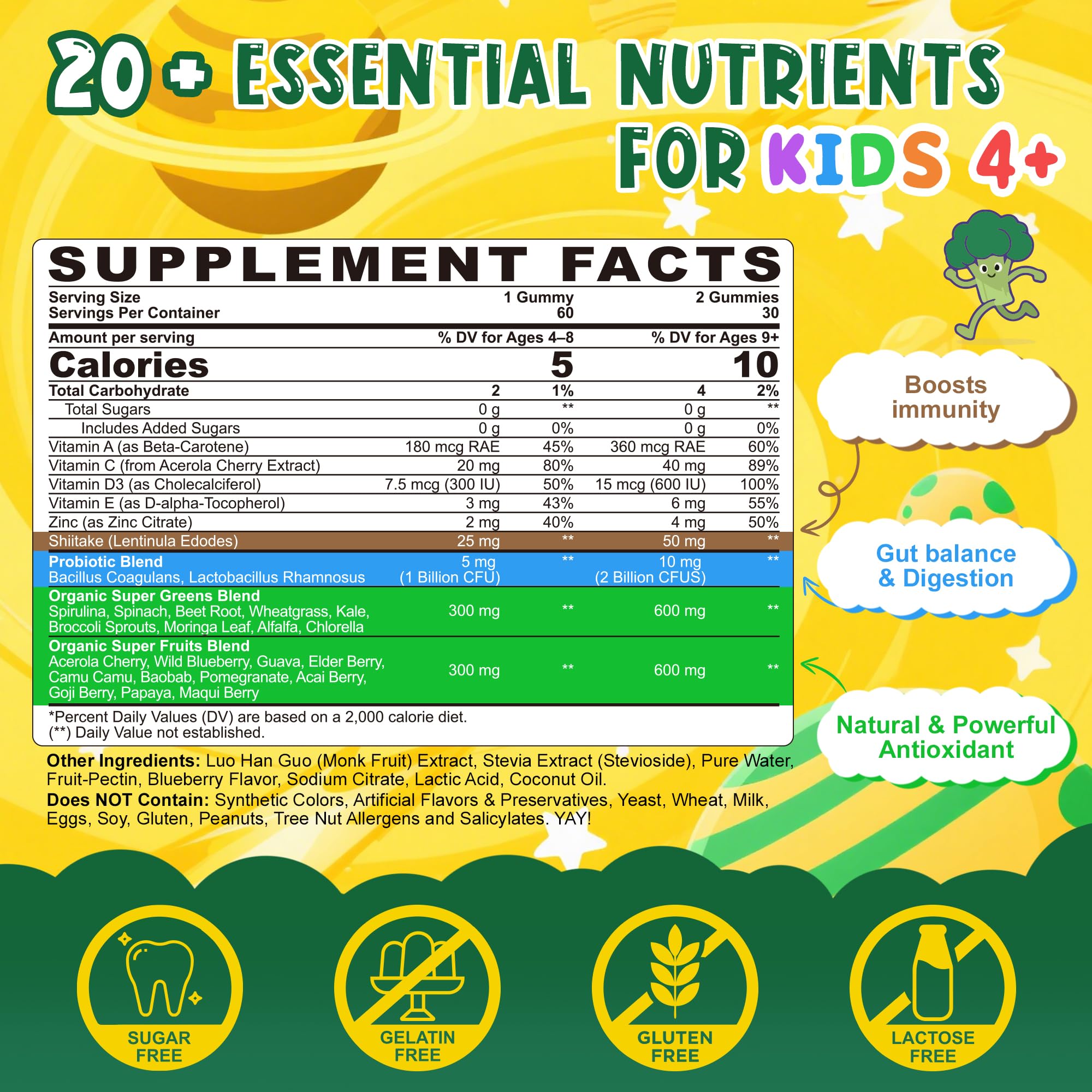 LILICARE Kids Super Greens Gummies blueberry flavor close-up appealing to kids.