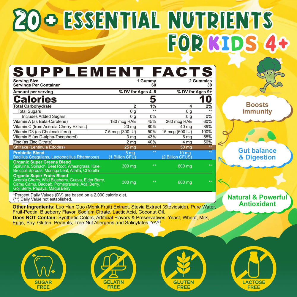LILICARE Kids Super Greens Gummies blueberry flavor close-up appealing to kids.