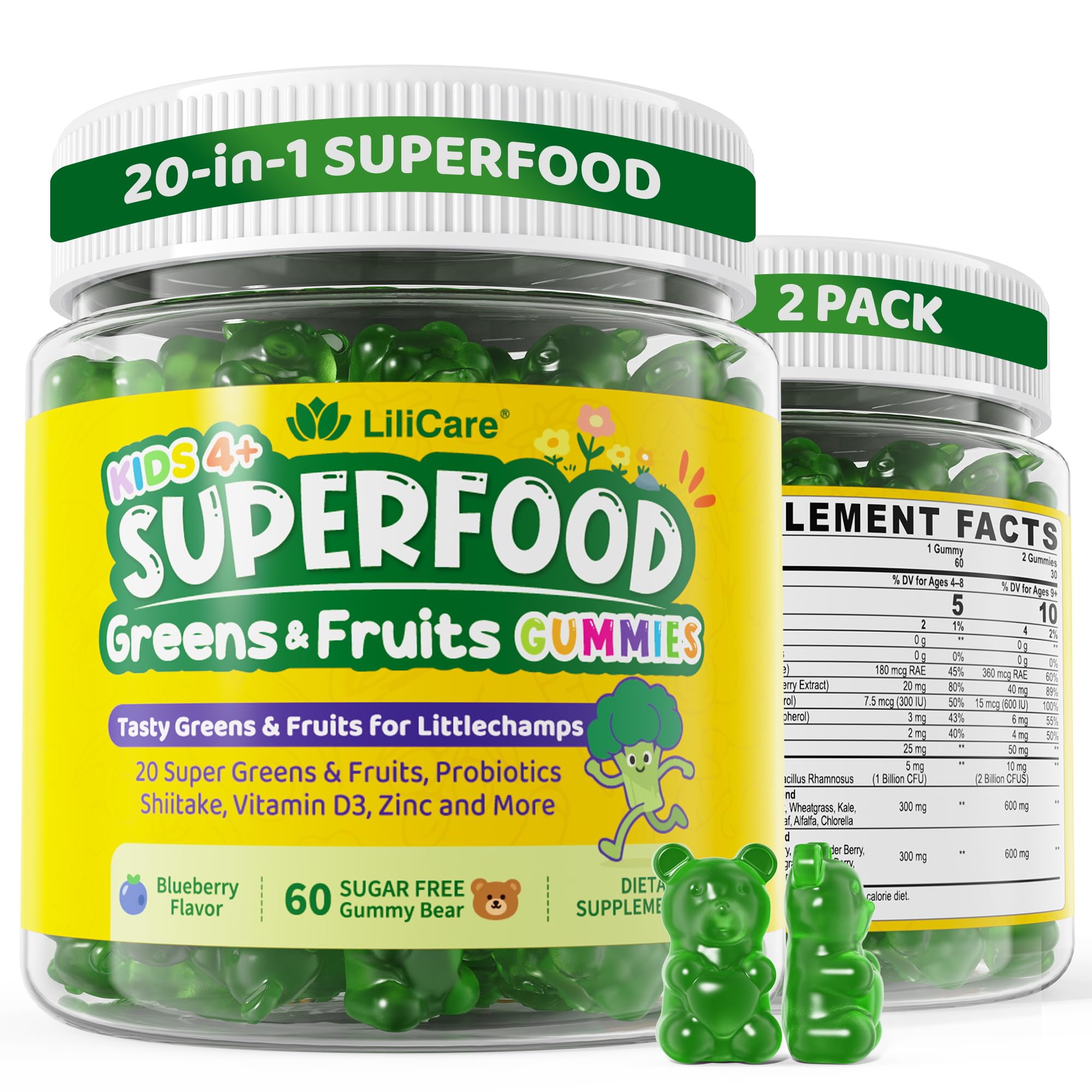 LILICARE Kids Super Greens Gummies bottle front highlighting immune support.