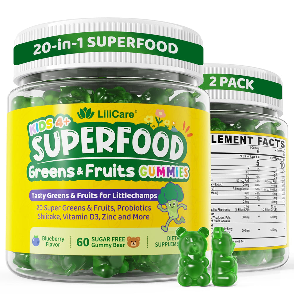 LILICARE Kids Super Greens Gummies bottle front highlighting immune support.