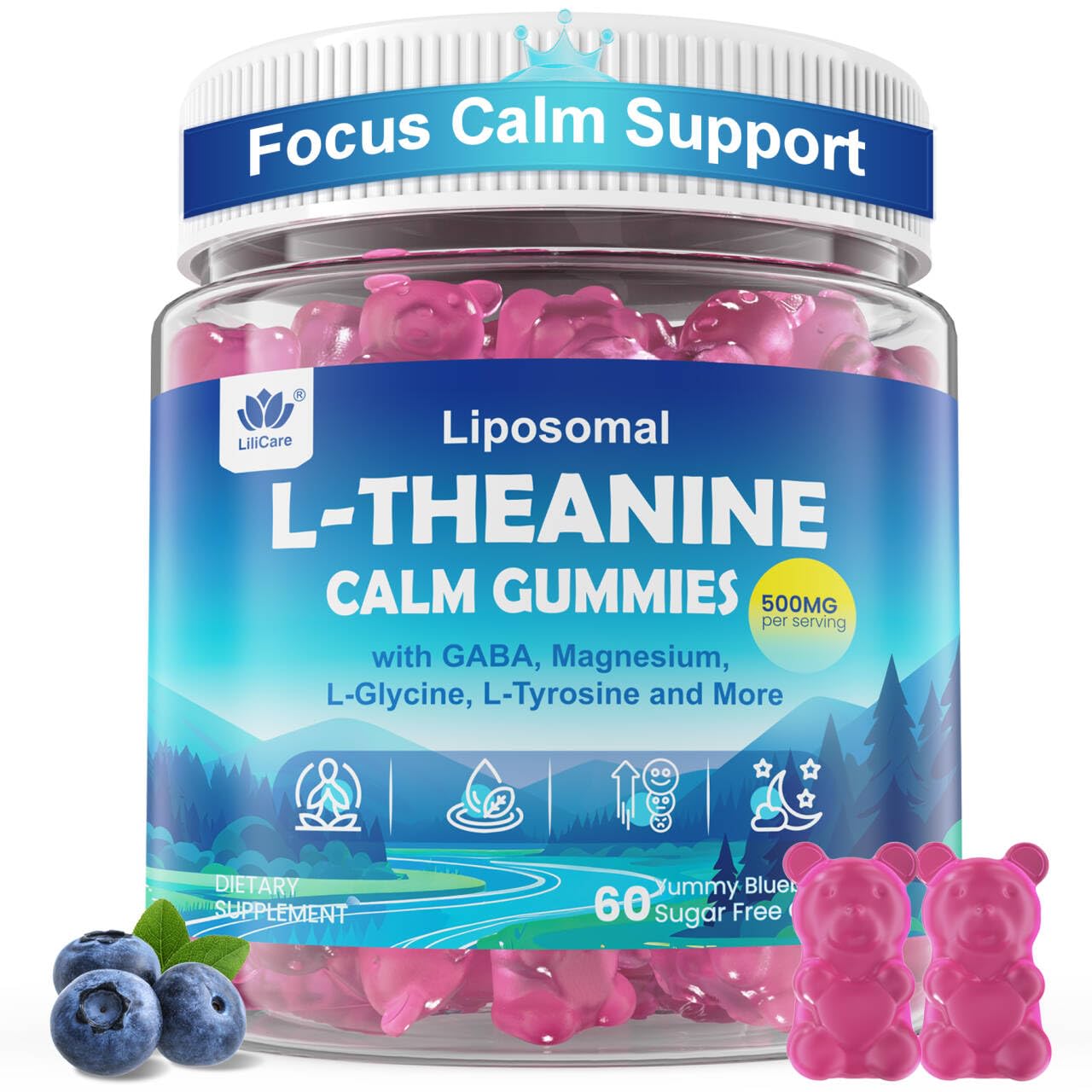 LILICARE L-Theanine Calm Gummies bottle front showing product for daily relaxation