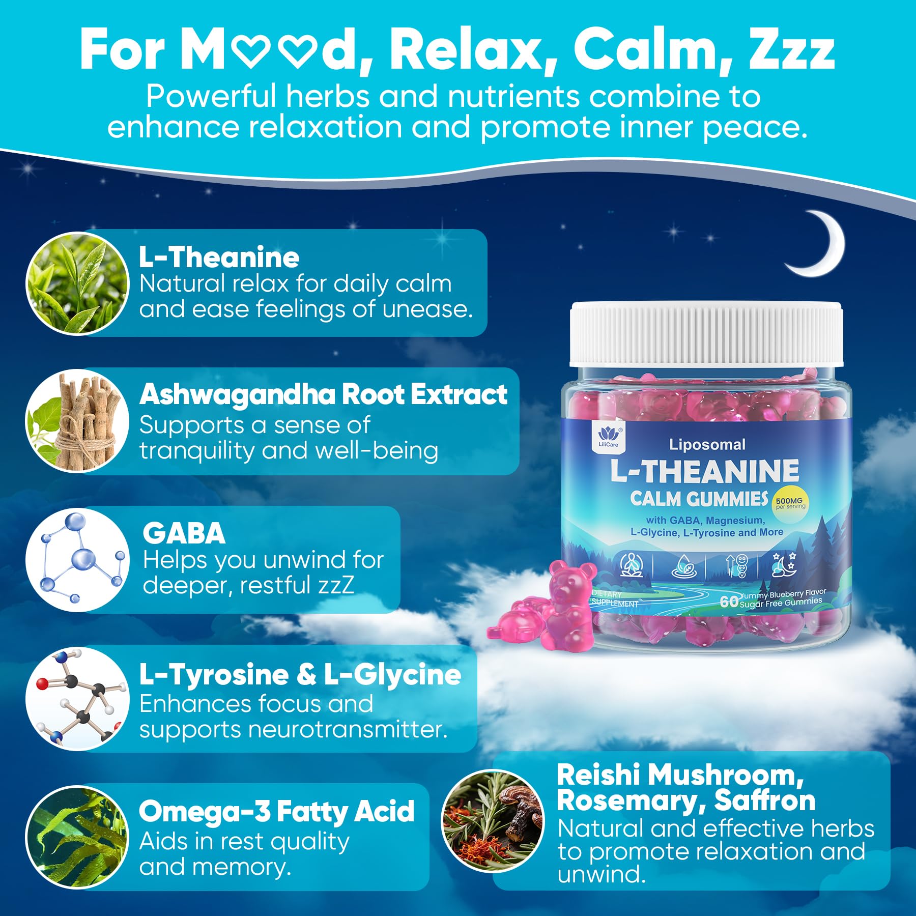 LILICARE L-Theanine Calm Gummies blueberry gummy closeup showing texture and flavor