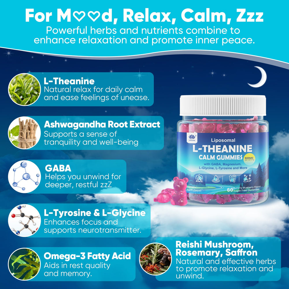 LILICARE L-Theanine Calm Gummies blueberry gummy closeup showing texture and flavor