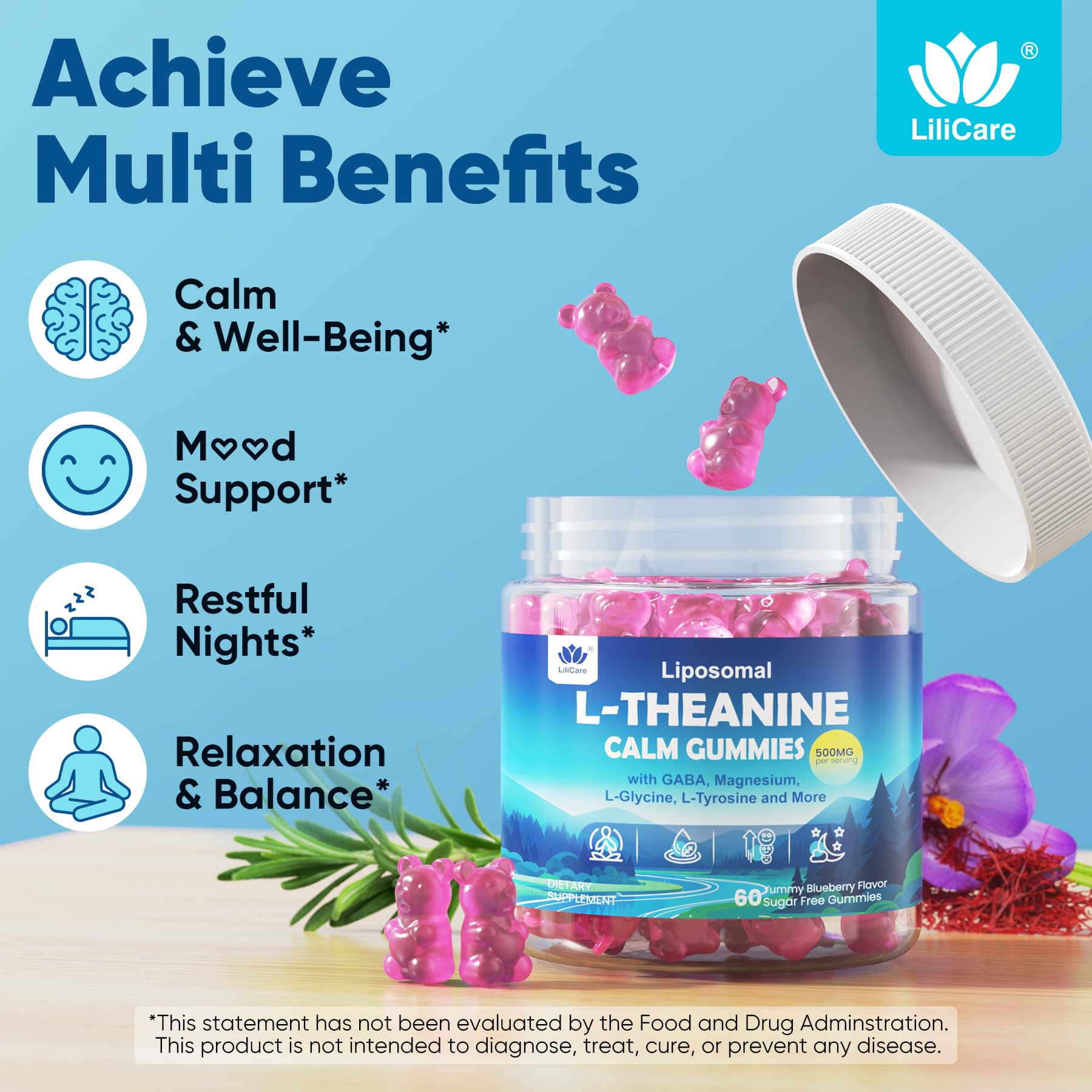 LILICARE L-Theanine Calm Gummies ingredients chart highlighting liposomal L-Theanine