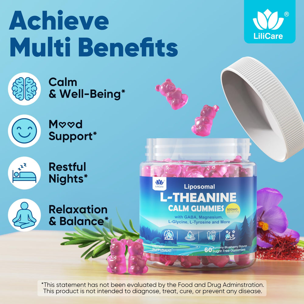 LILICARE L-Theanine Calm Gummies ingredients chart highlighting liposomal L-Theanine