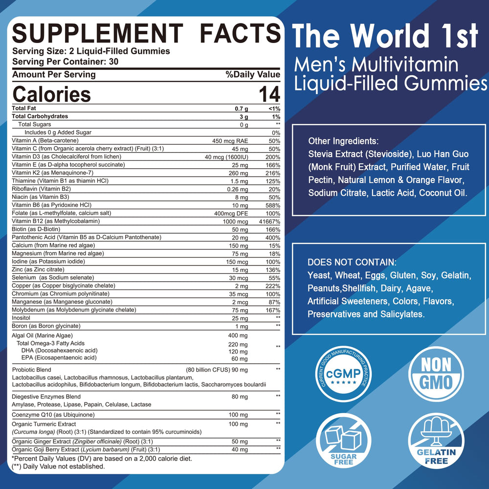 LILICARE Men's Gummies bottle-back highlights vegan, sugar-free formula for daily wellness