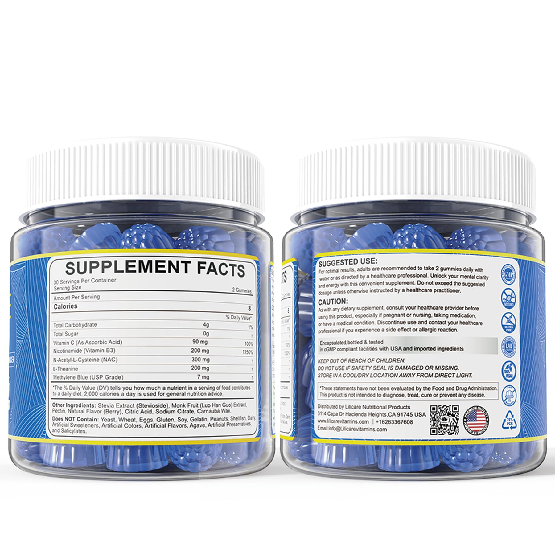 LILICARE Methylene Blue Gummies served in a dish for on-the-go routine.