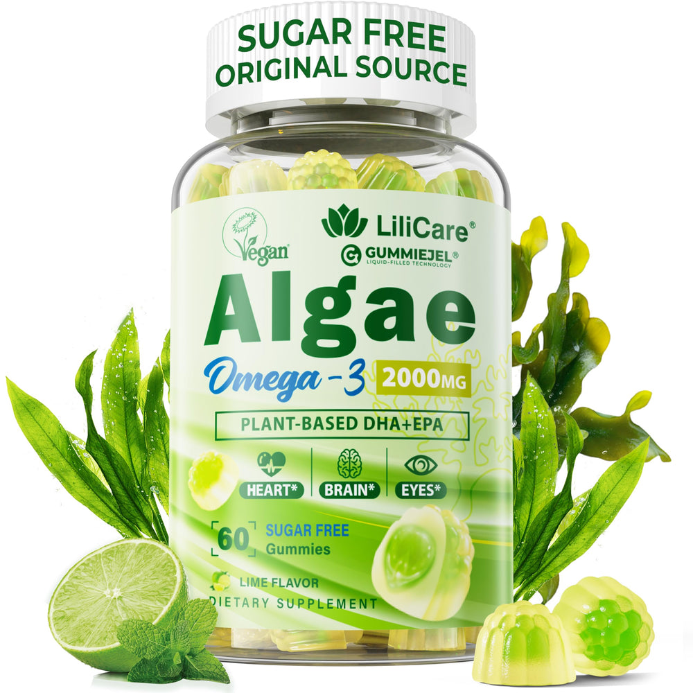 LILICARE Omega 3 Gummies bottle front highlights vegan algae oil for daily wellness
