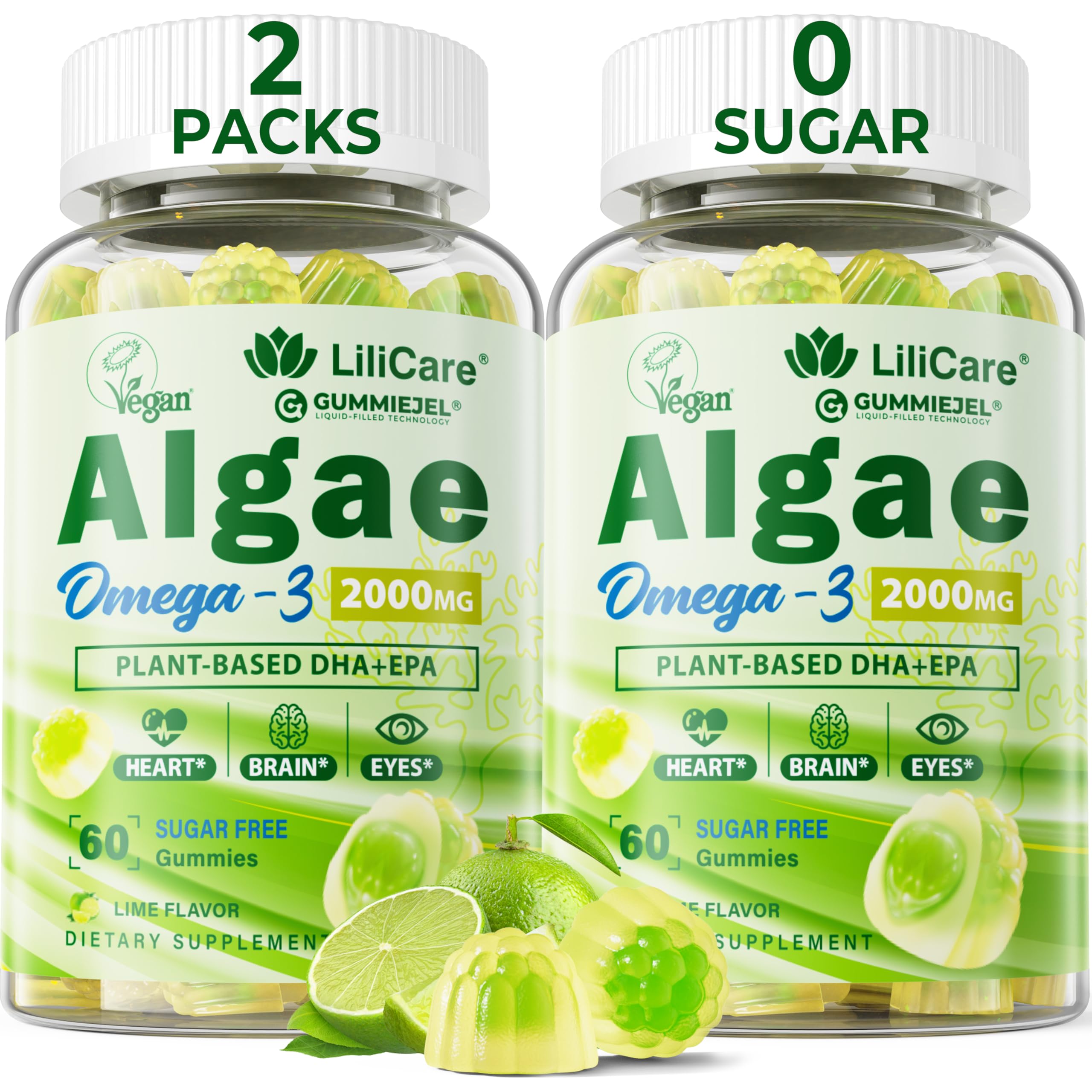 LILICARE Omega 3 Gummies bottle featuring vegan DHA/EPA, CoQ10, and astaxanthin for brain and eye support.