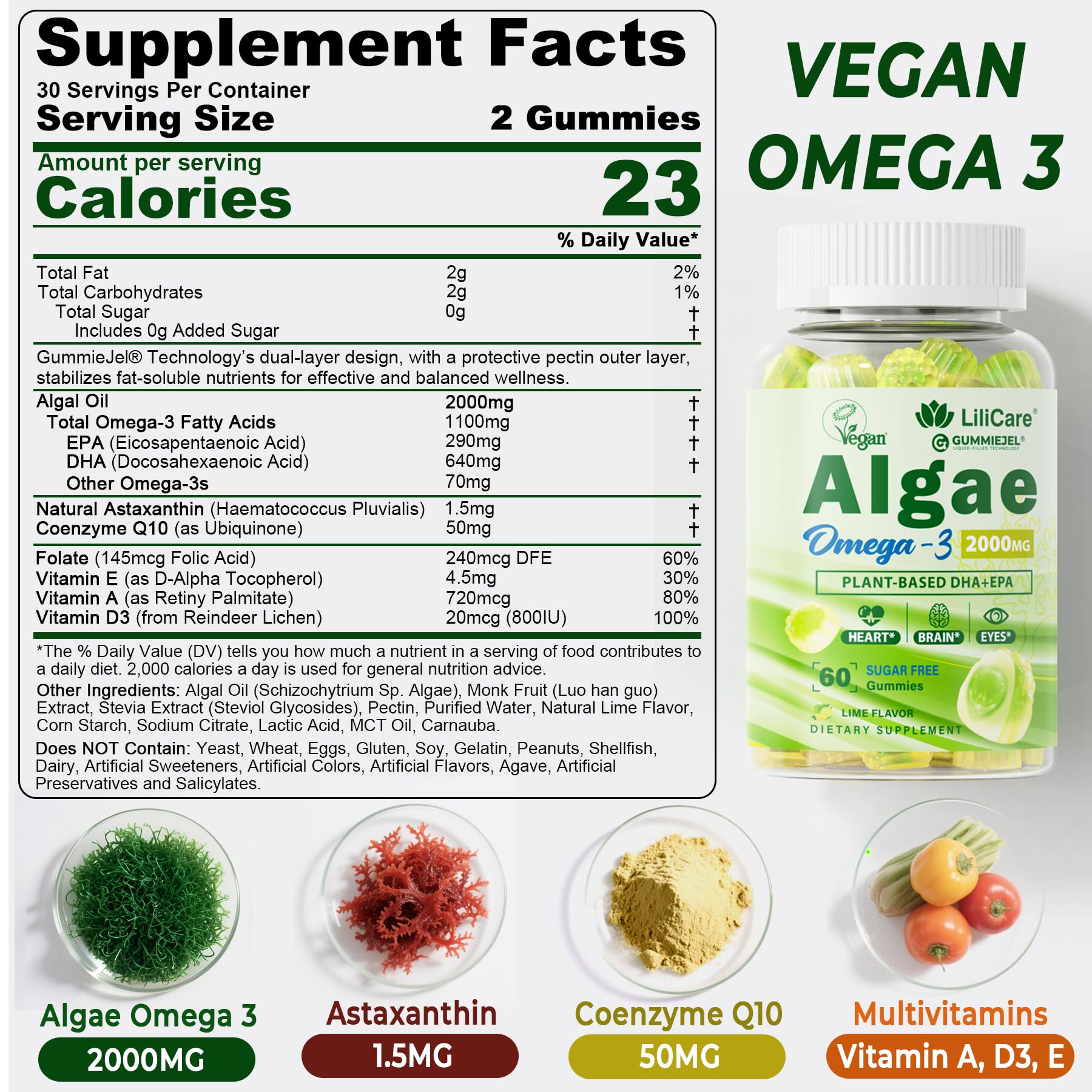 LILICARE Omega 3 Gummies closeup shows sugar-free vegan formula