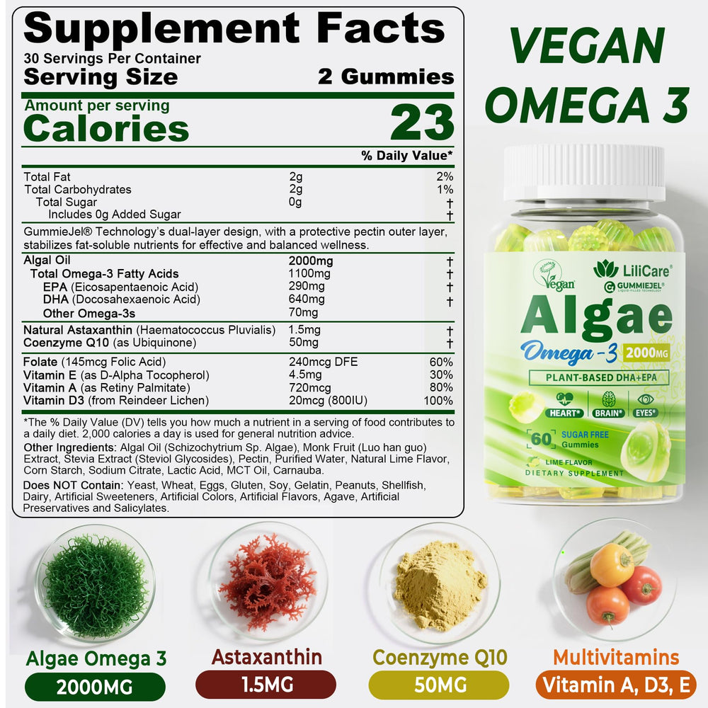 LILICARE Omega 3 Gummies closeup shows sugar-free vegan formula