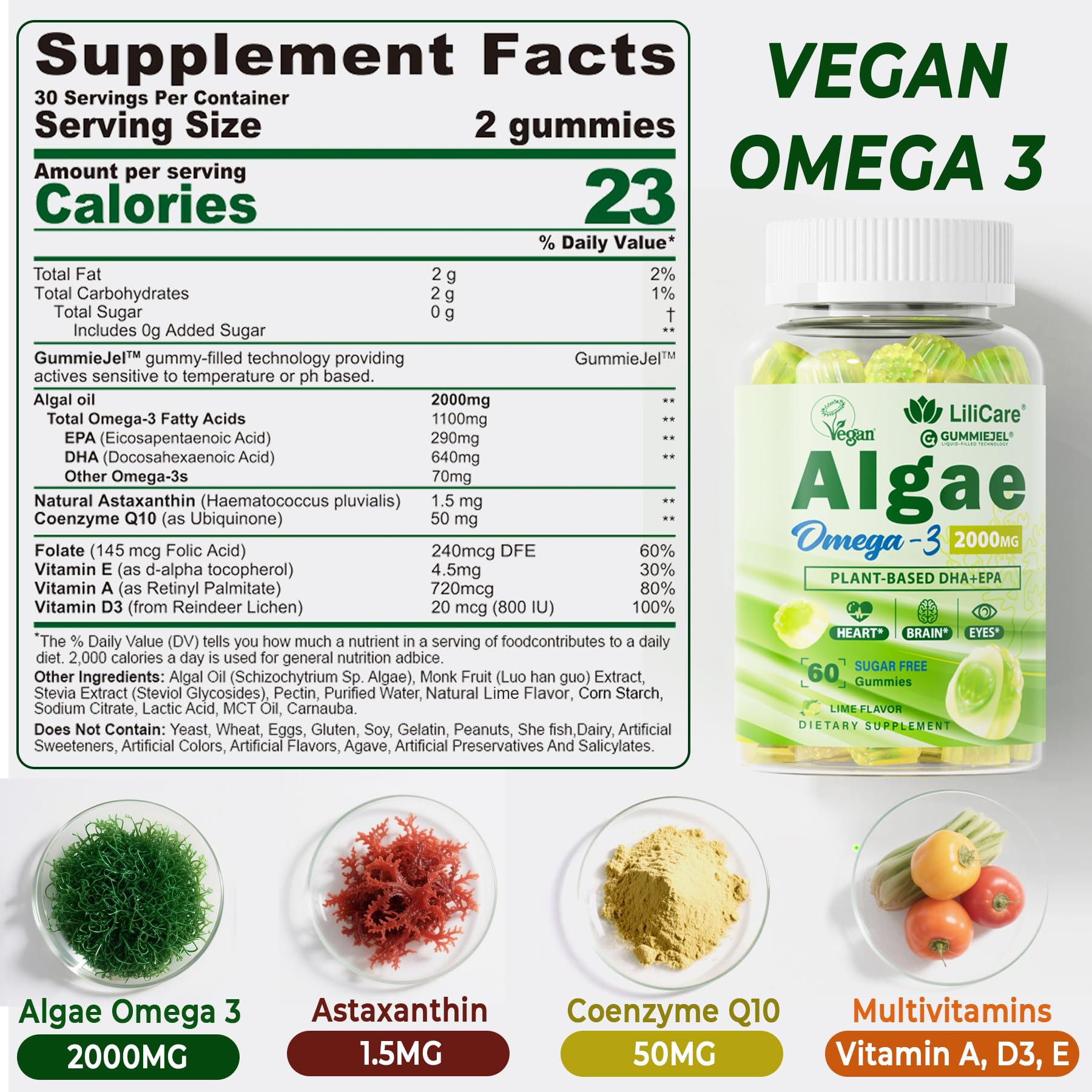 Close-up of Lilicare gummies showing sugar-free, algae-based formula.