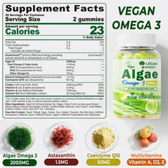 Close-up of Lilicare gummies showing sugar-free, algae-based formula.